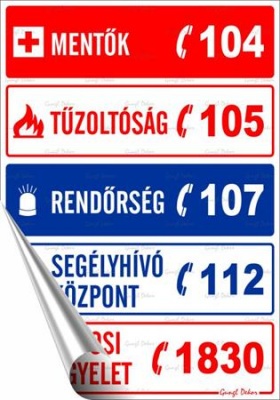Információs matrica, 25x17,5 cm, "Segélyhívószámok"